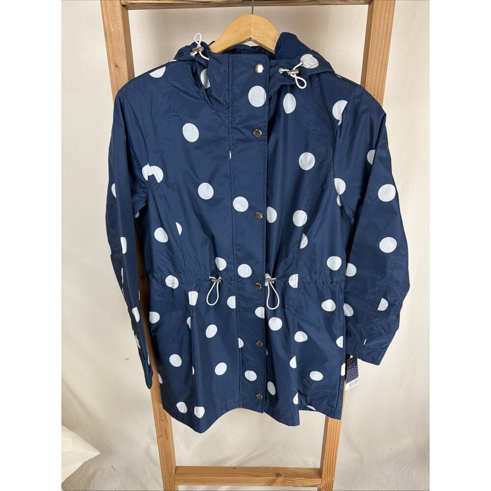 NWT Galleria Blue Polka Dot Zip & Snap Hood Drawstring Rain Coat #0941 Size SM